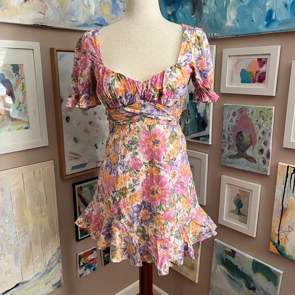 Hello Molly Floral Puff Sleeve Mini Dress Cottagecore Coquette Cutout Back Sz 6
